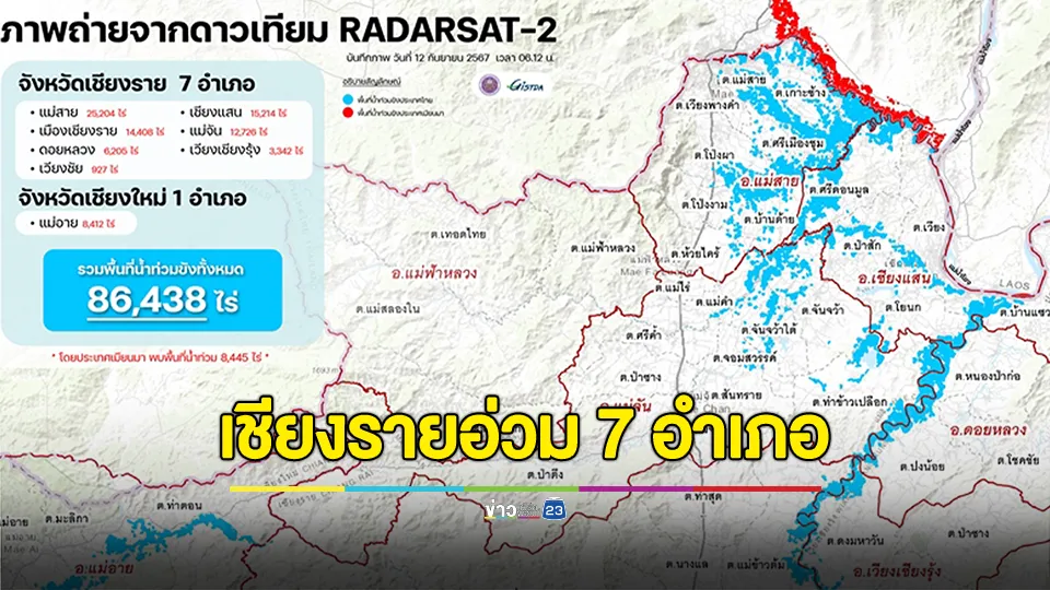 เปิดภาพจากดาวเทียม พบน้ำท่วมขังใน 7 อำเภอของจังหวัดเชียงราย รวม 78,026 ไร่ 