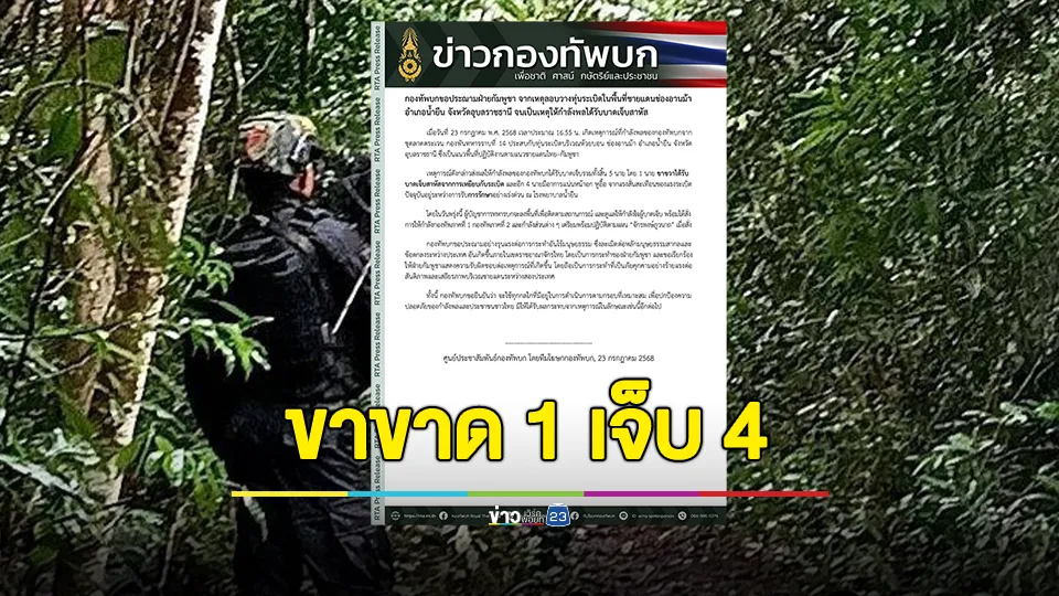 กองทัพบกขอประณามกัมพูชา ลอบวางทุ่นระเบิดในพื้นที่ชายแดนช่องอานม้า อ.น้ำยืน จ.อุบลฯ เป็นเหตุให้กำลังพลได้รับบาดเจ็บสาหัส 