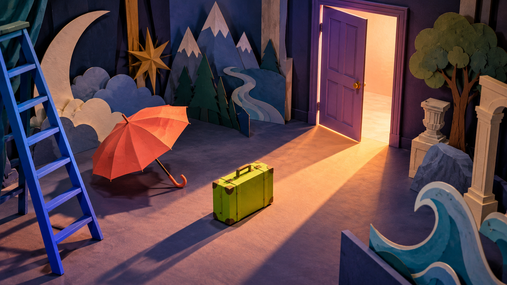 A paper miniature prop room with a blue ladder, coral umbrella, lime suitcase and a purple door opening onto warm light.