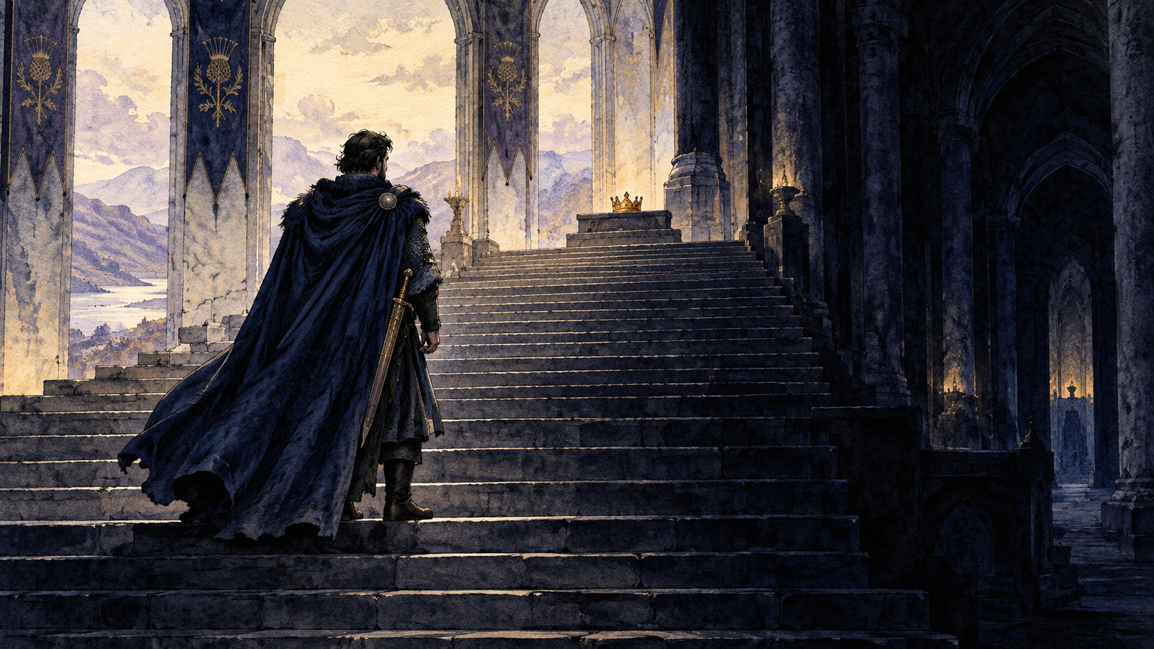 A cloaked warrior standing on a stone stairway facing a small crown on an upper landing in a shadowed hall.