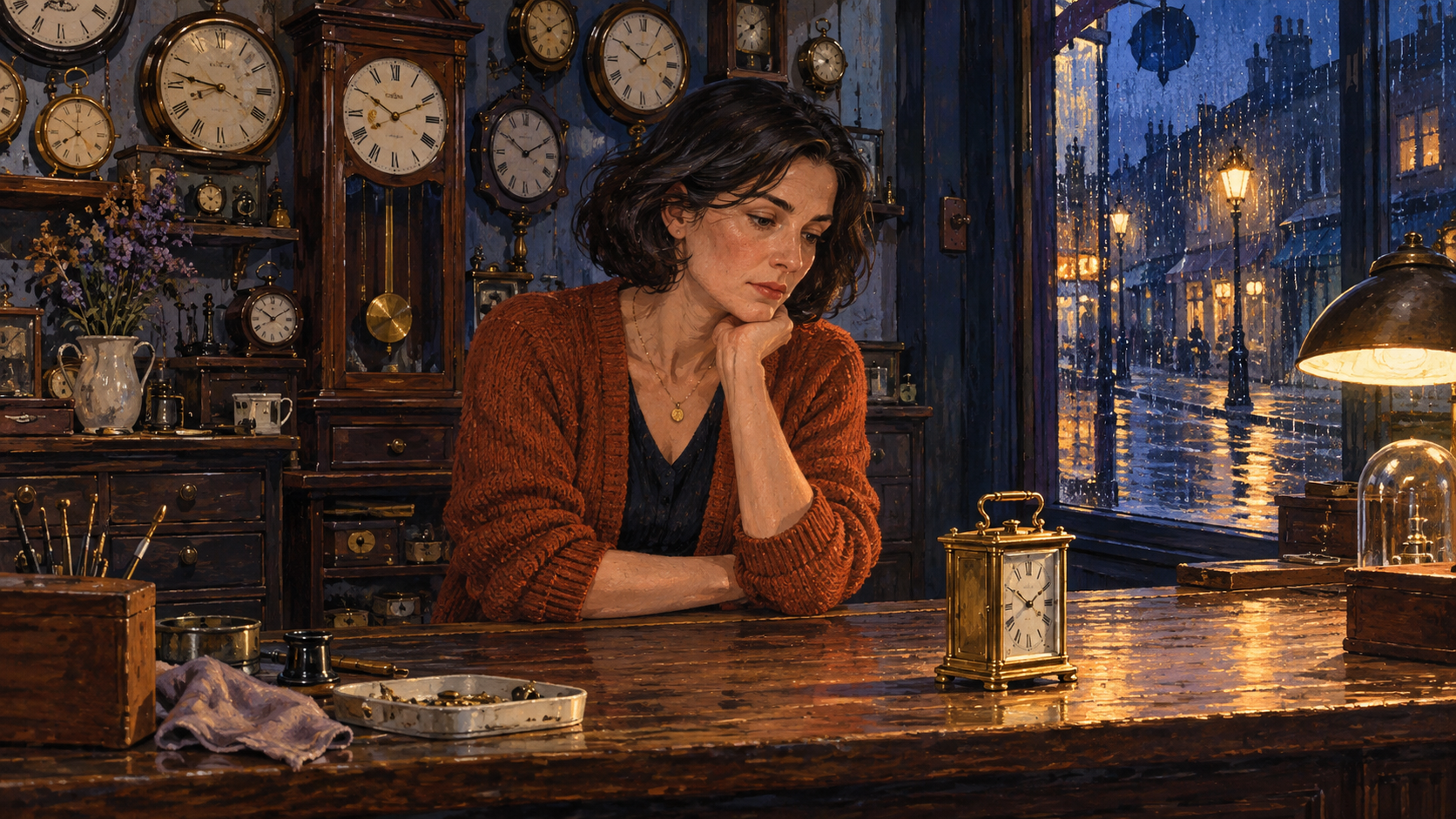 Illustration of a woman in a rust cardigan beside a brass clock in a rain-lit watch-repair shop.