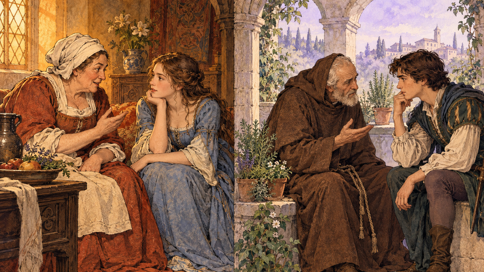 The Nurse speaking with Juliet in a warm room beside Friar Laurence counselling Romeo beneath a stone arch.