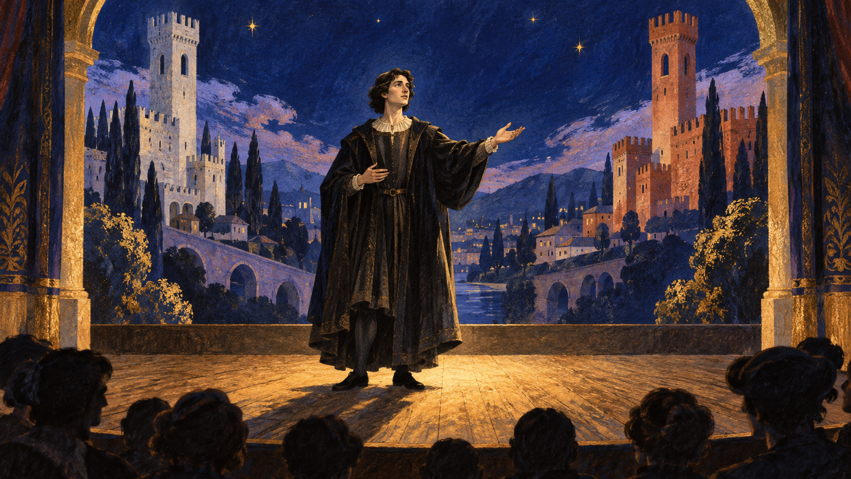 A cloaked Chorus performer addressing a theatre audience before two Verona towers and a starry night backdrop.