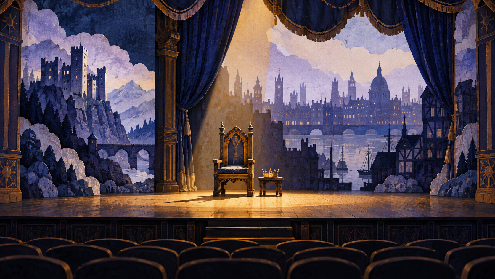 An empty theatre stage with a royal chair and crown, Scottish castle scenery and a stylised London backdrop.