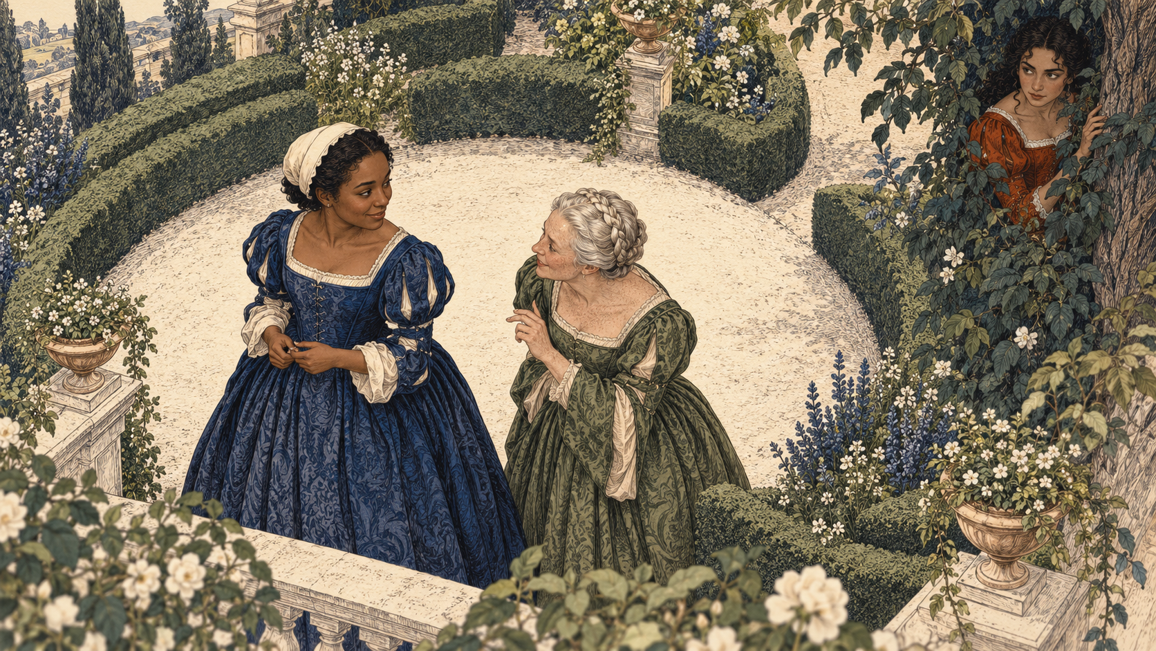 Hero and Ursula converse in a formal garden while Beatrice listens from behind foliage.