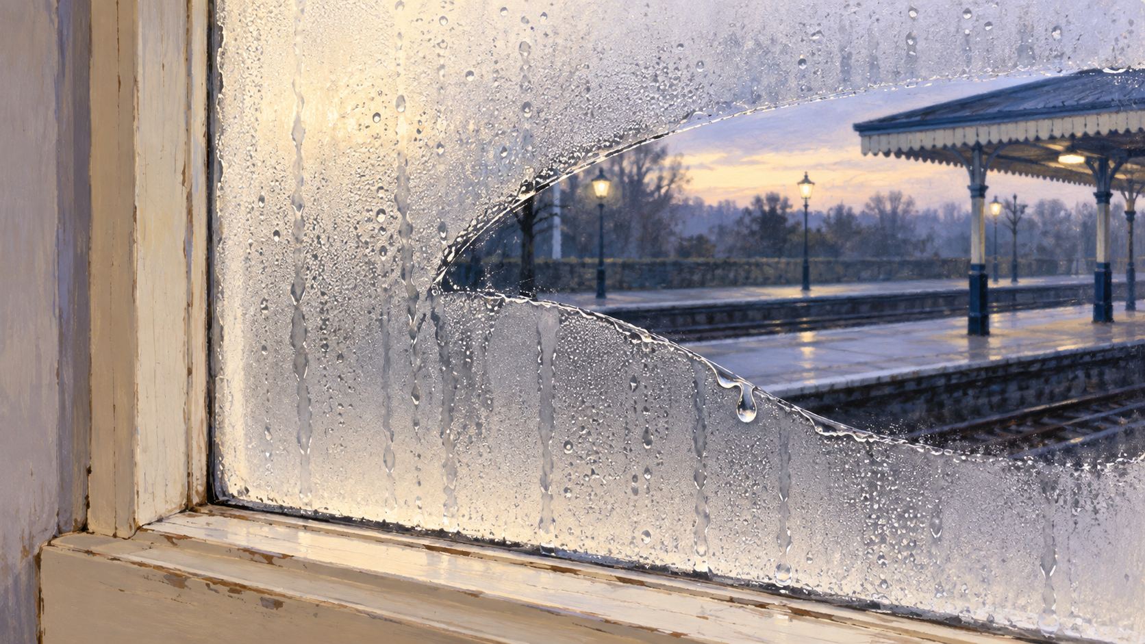 Illustration of a curved clear patch and a bead of water on a misted window overlooking a railway platform.