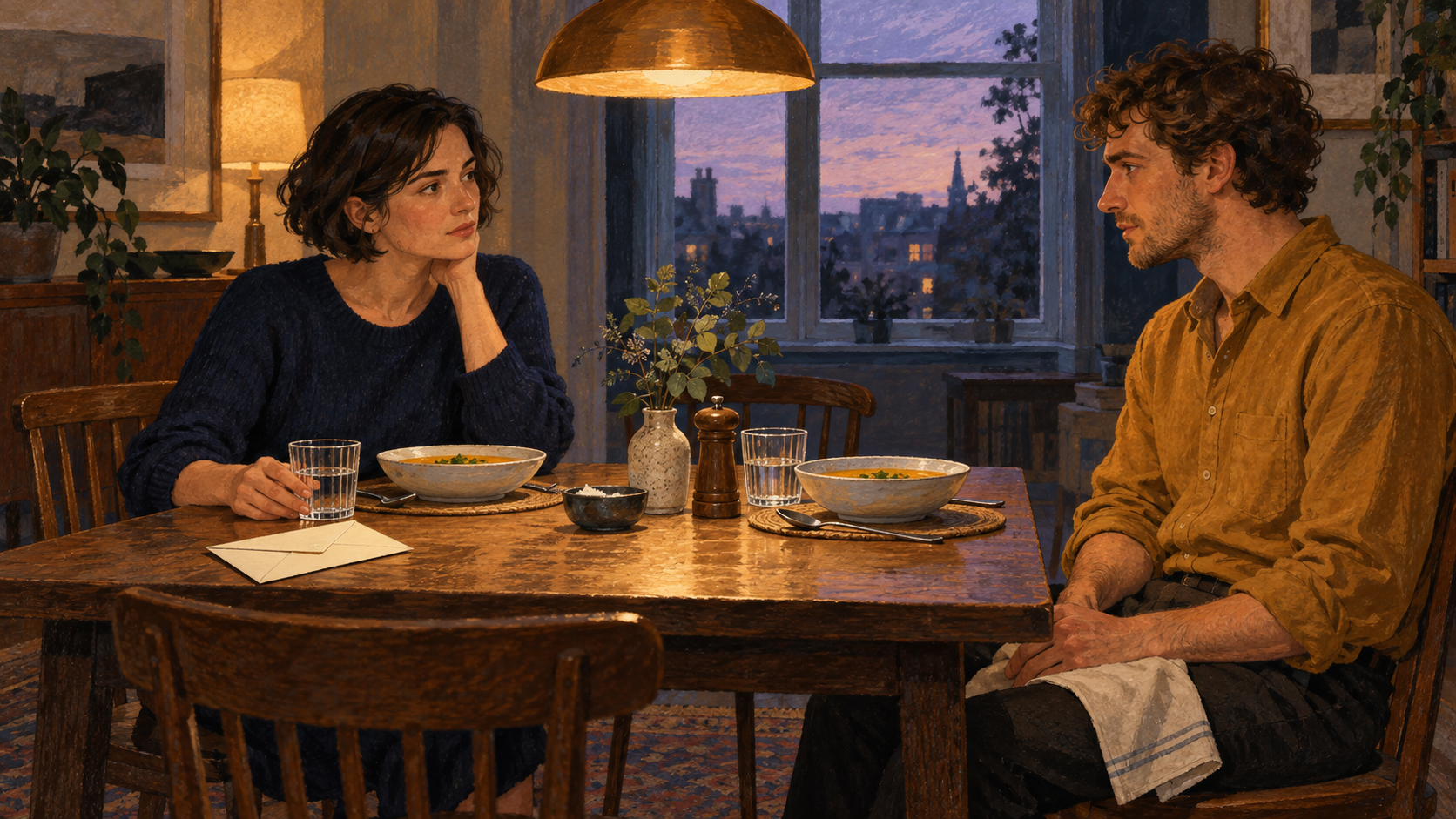 Two adults sitting across a dinner table with soup bowls and a closed cream envelope.