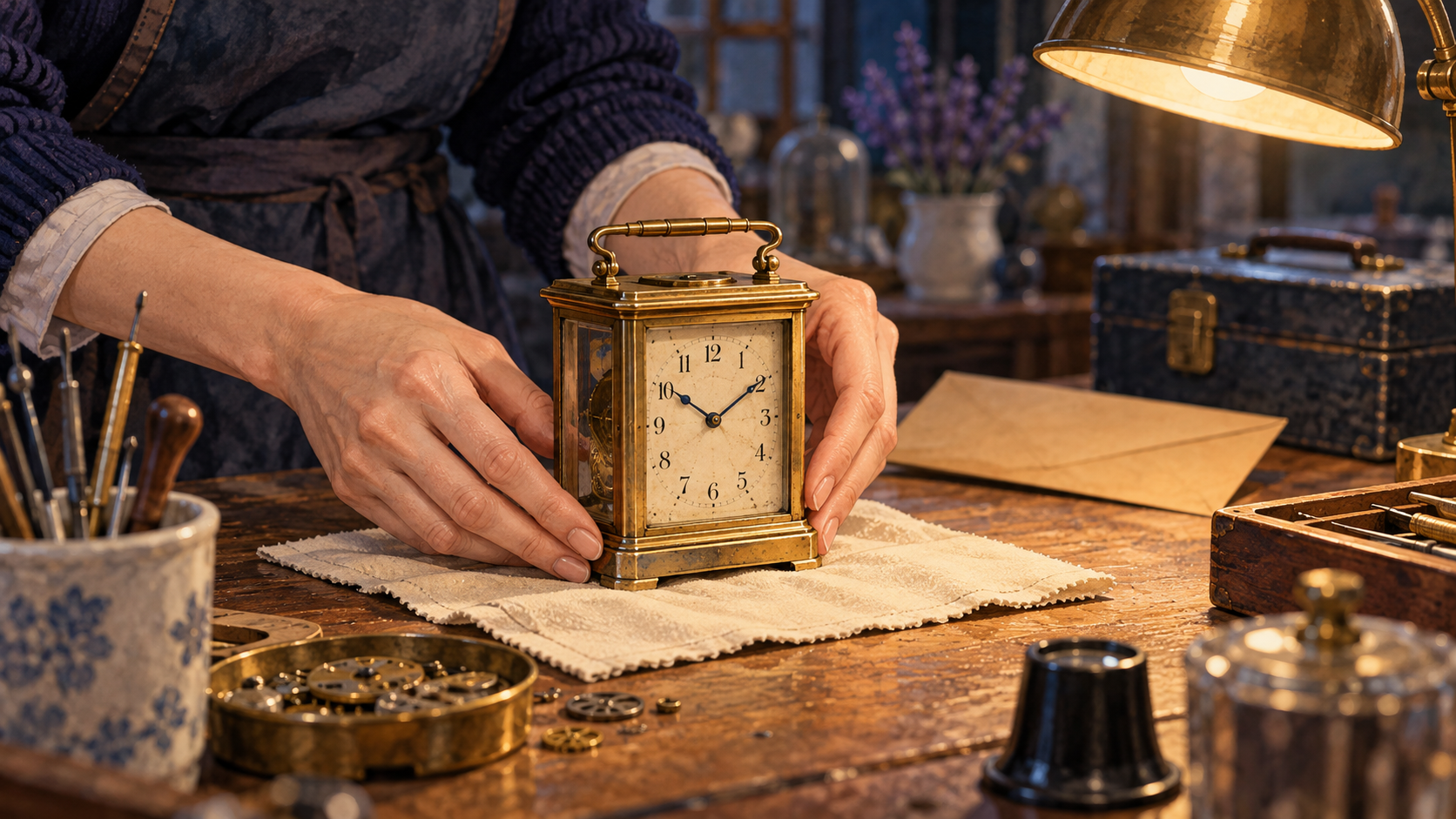 Illustration of hands placing a brass carriage clock on a cloth-covered repair bench.