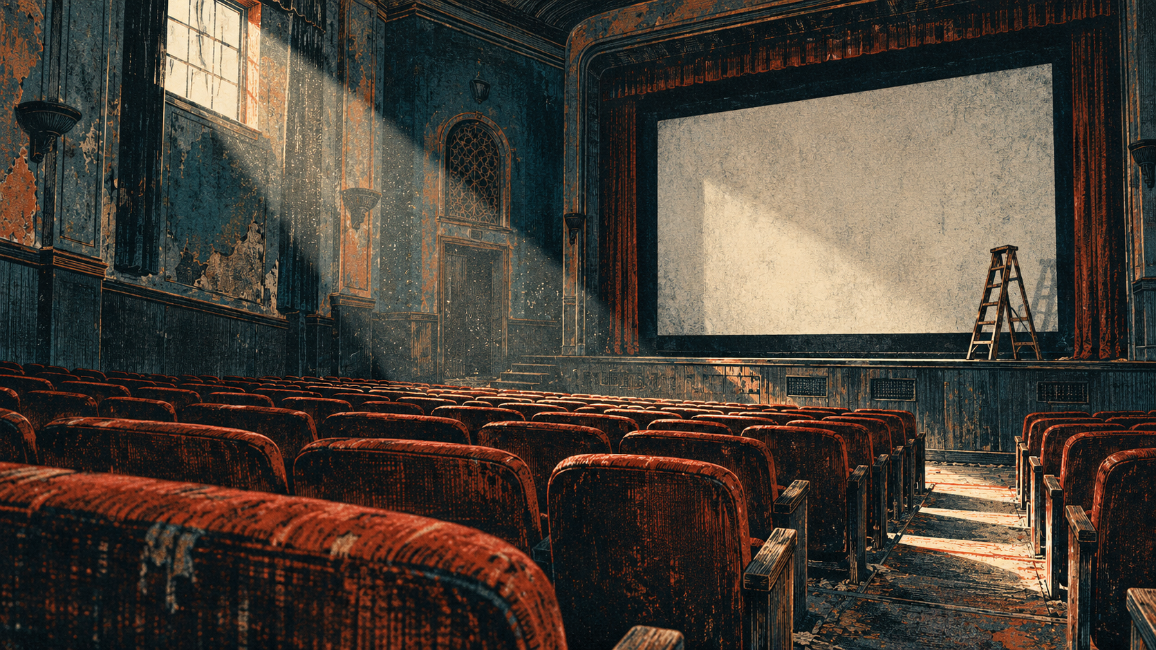 Rows of faded red seats face a blank screen and wooden ladder in an empty old cinema.