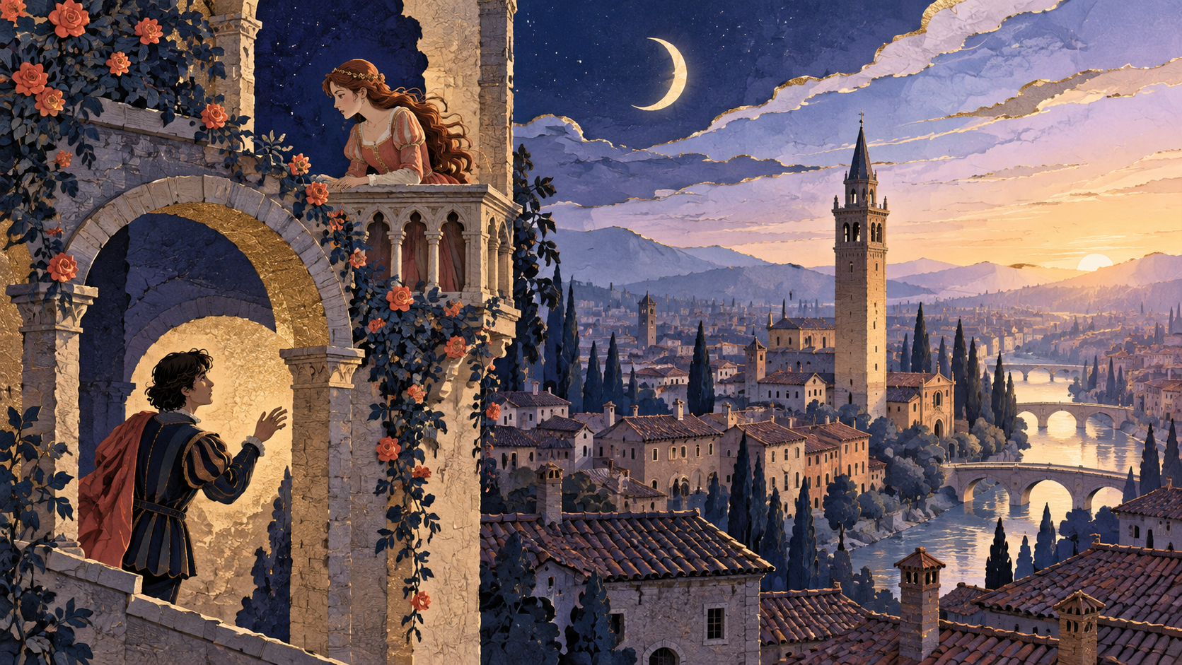 Romeo and Juliet framed by stone arches above Verona, with a crescent moon and pale dawn around a bell tower.