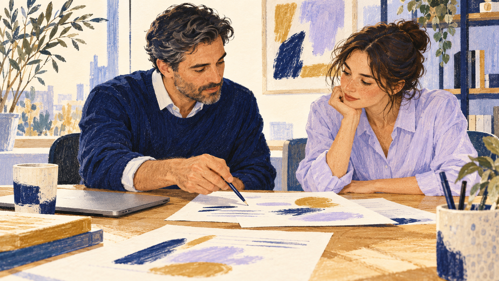 Illustration of two colleagues reviewing a report together at a table in a quiet office.