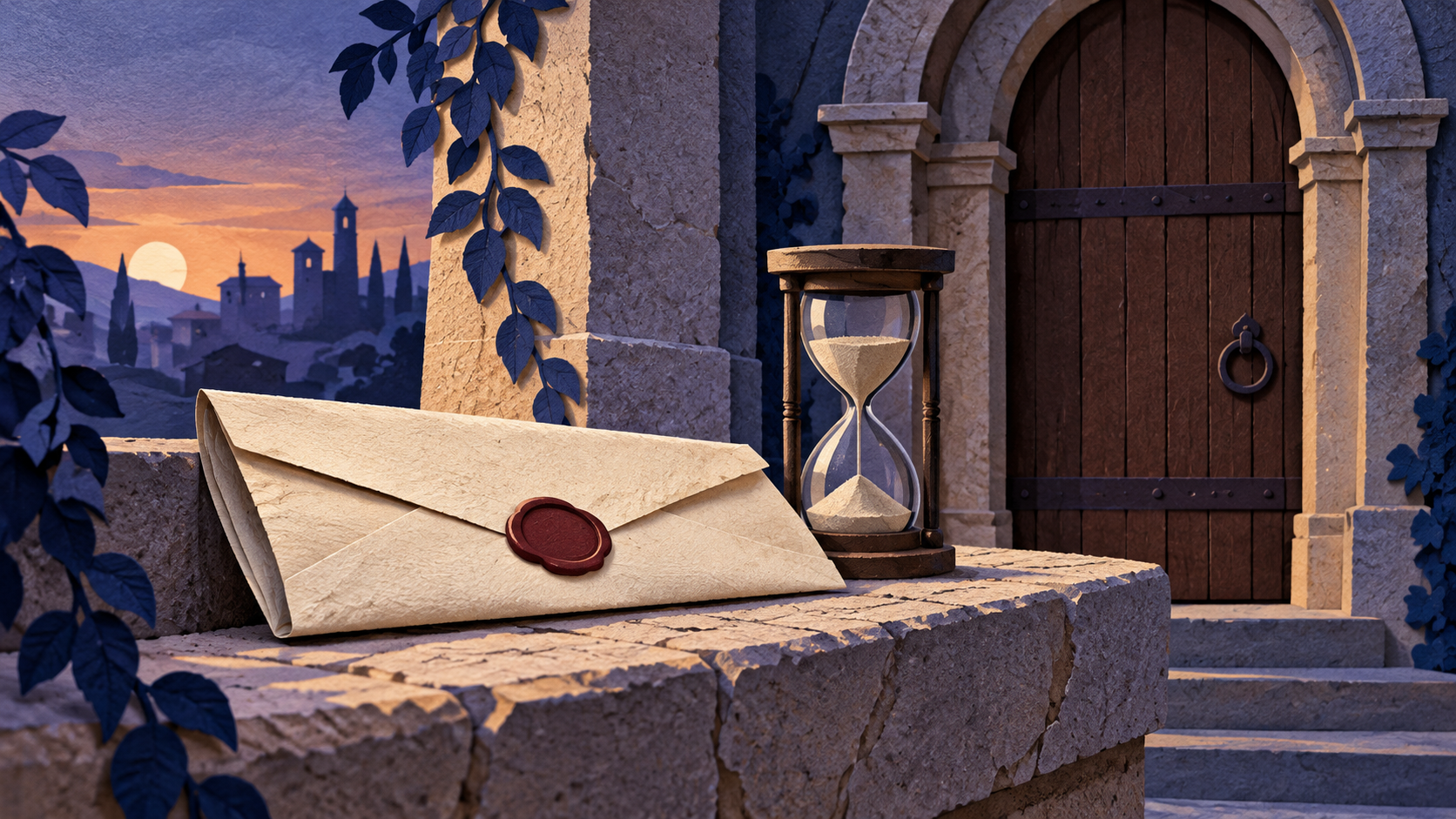 A sealed letter resting beside a small hourglass and a closed doorway in a layered paper illustration.