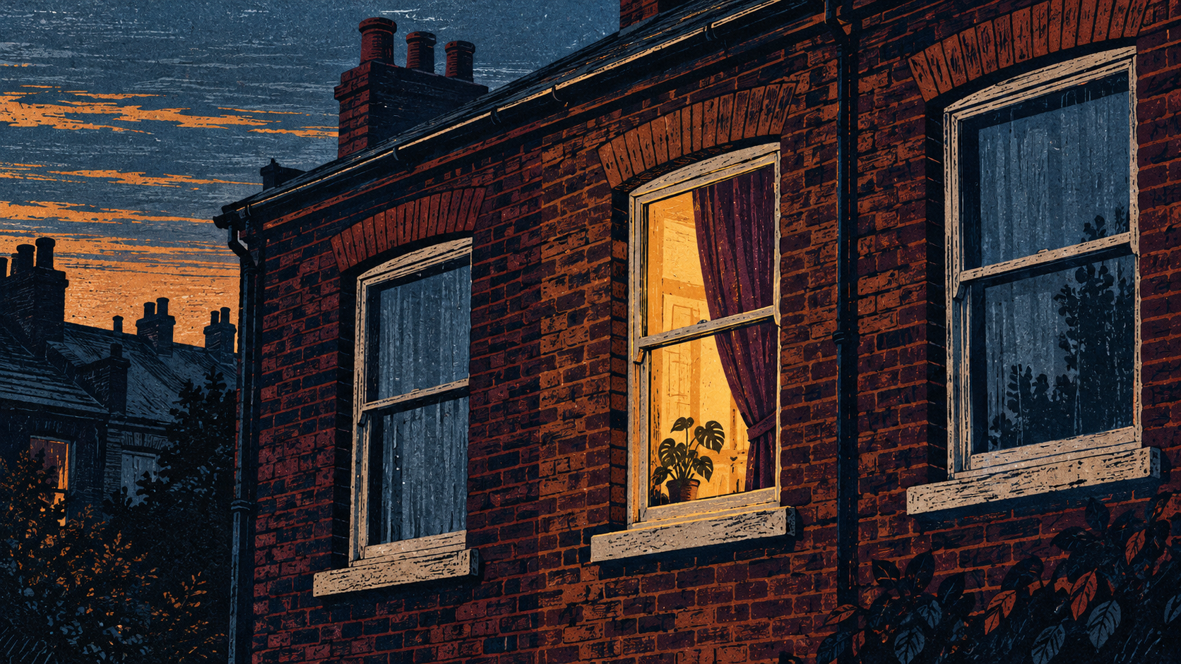 A warmly lit window with a half-drawn plum curtain and houseplant between dark windows in a brick terrace.