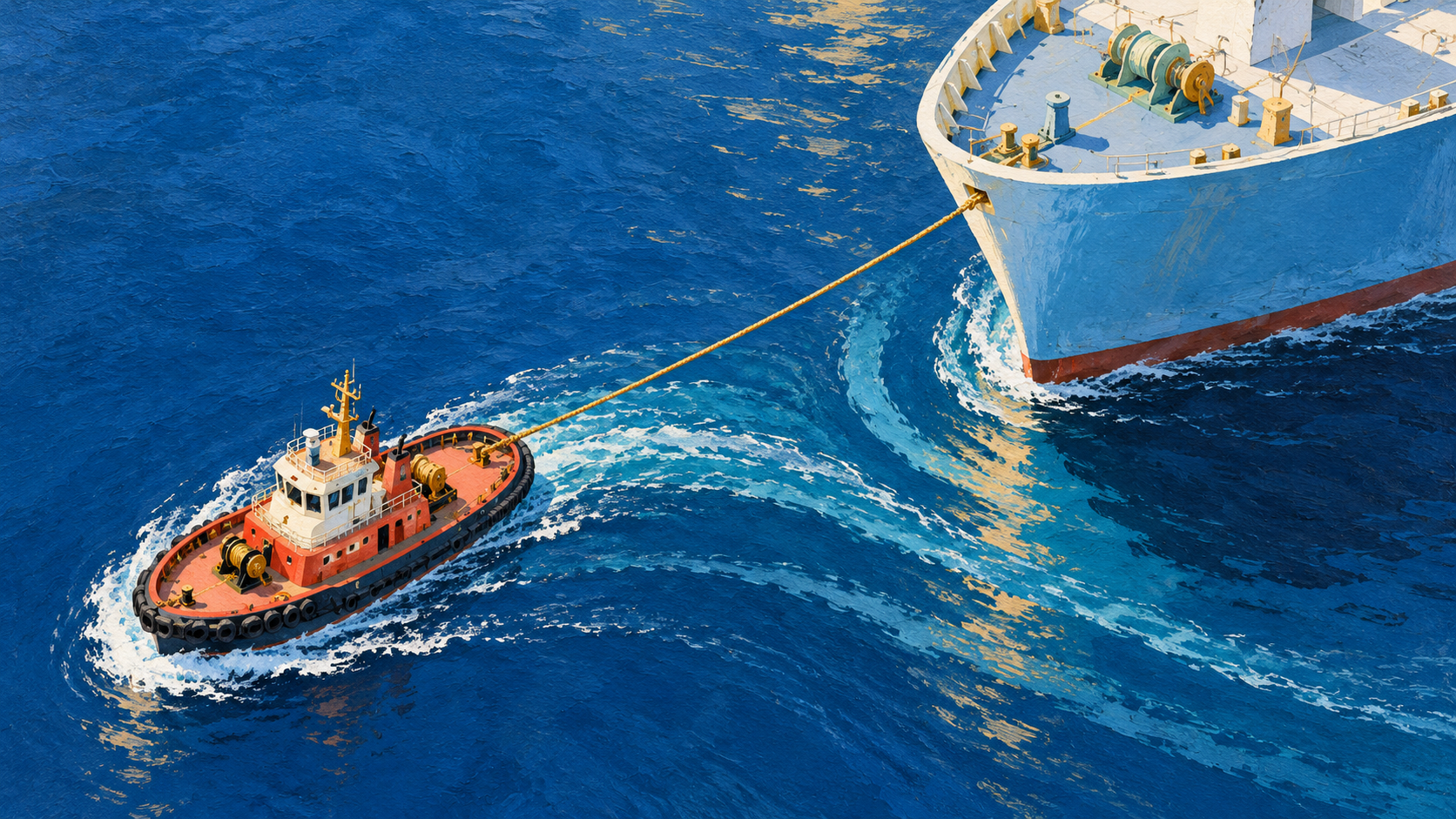 A coral tugboat linked by a gold towline to a large pale blue ship in deep blue harbour water.