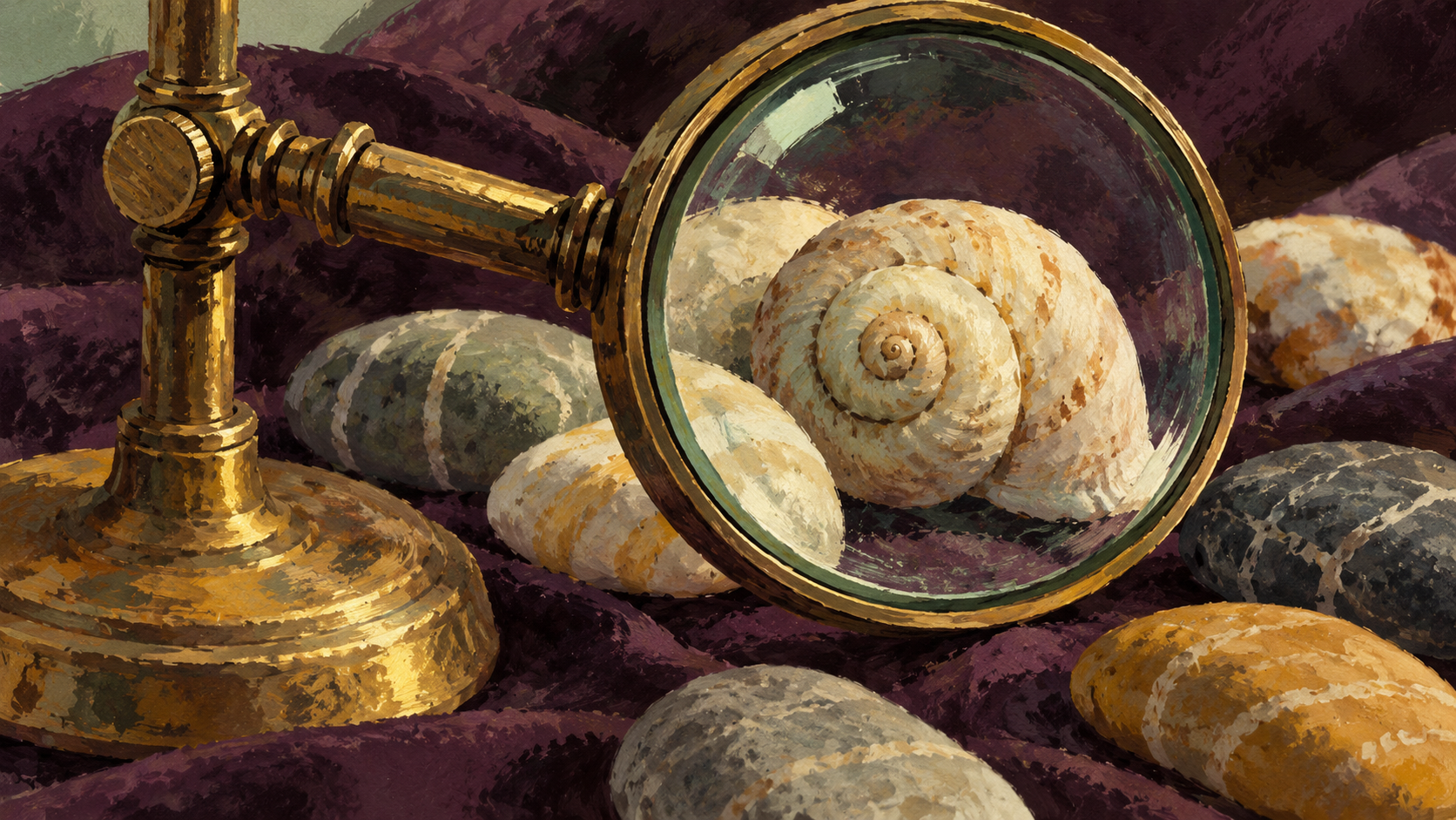 A brass magnifying lens frames a pale spiral shell among pebbles on plum-coloured cloth.