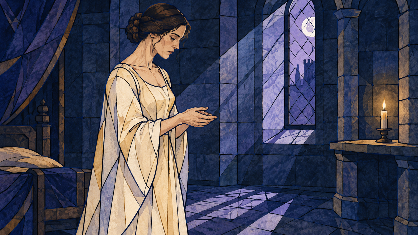 Stained-glass-style illustration of Lady Macbeth looking at her clean hands in a moonlit stone chamber beside a candle.