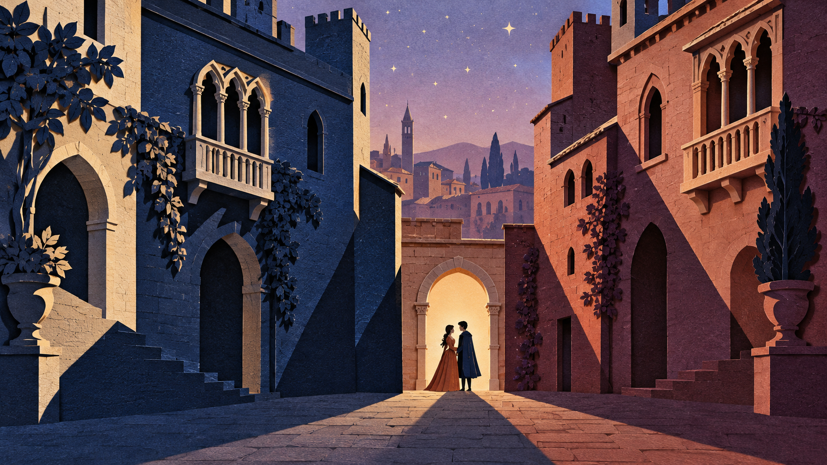 Two opposing Verona houses frame two figures standing together beneath a warm-lit archway in a paper illustration.