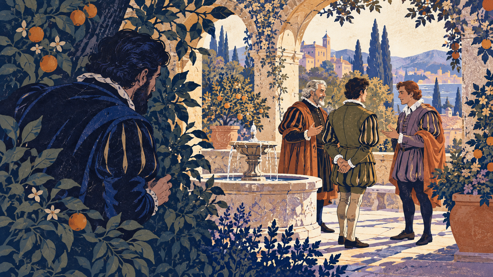 Benedick listening from behind garden foliage while three men converse beside a stone fountain.