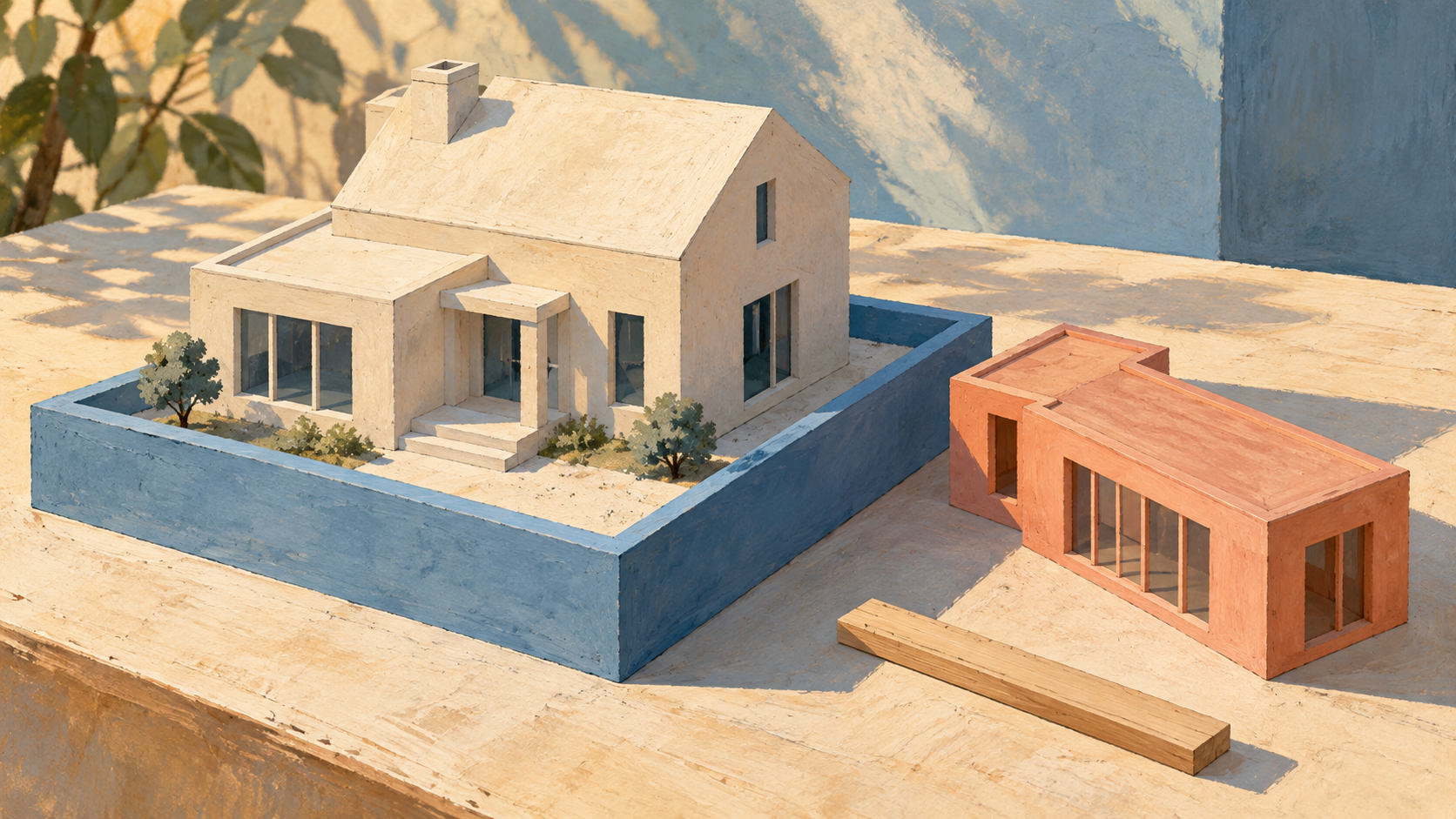 A cream architectural model on a blue foundation, with a separate coral extension standing beside it.