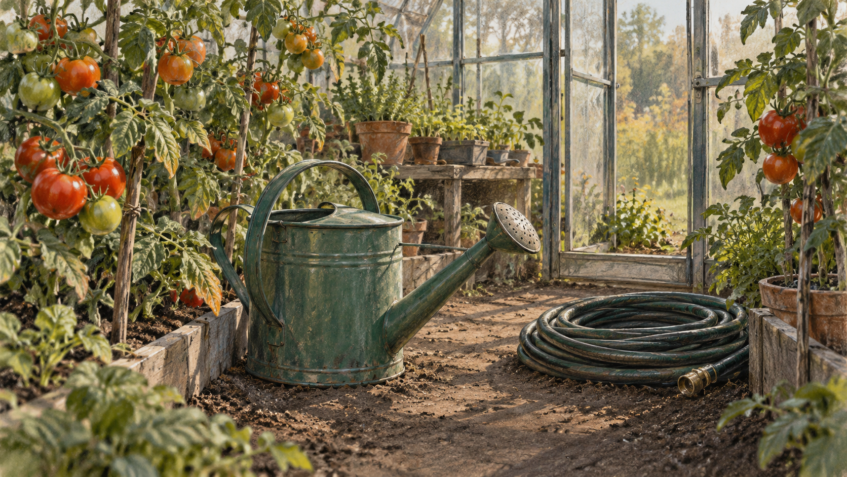 A watering can and coiled hose beside tomato plants in a chalk-pastel greenhouse illustration.