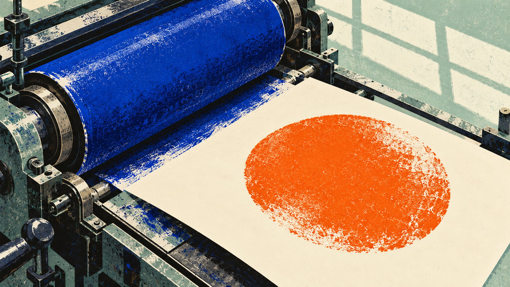 A blue roller press beside a cream sheet bearing a bold orange circle in an illustrated print workshop.