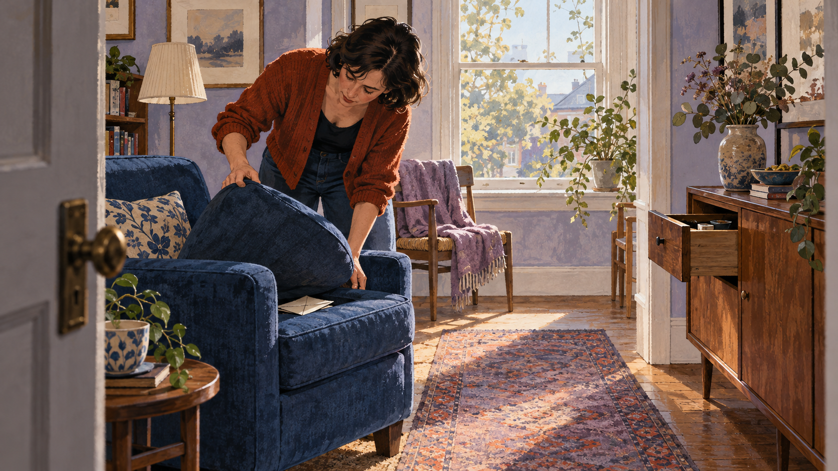 A woman lifting a blue armchair cushion in a sitting room with a wooden sideboard and curled rug.