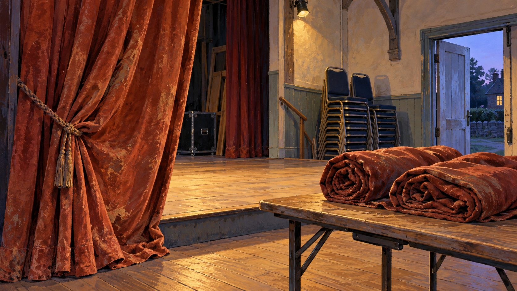 Illustration of a village-hall stage with a rust-red curtain, rolled fabric on a table and stacked chairs.