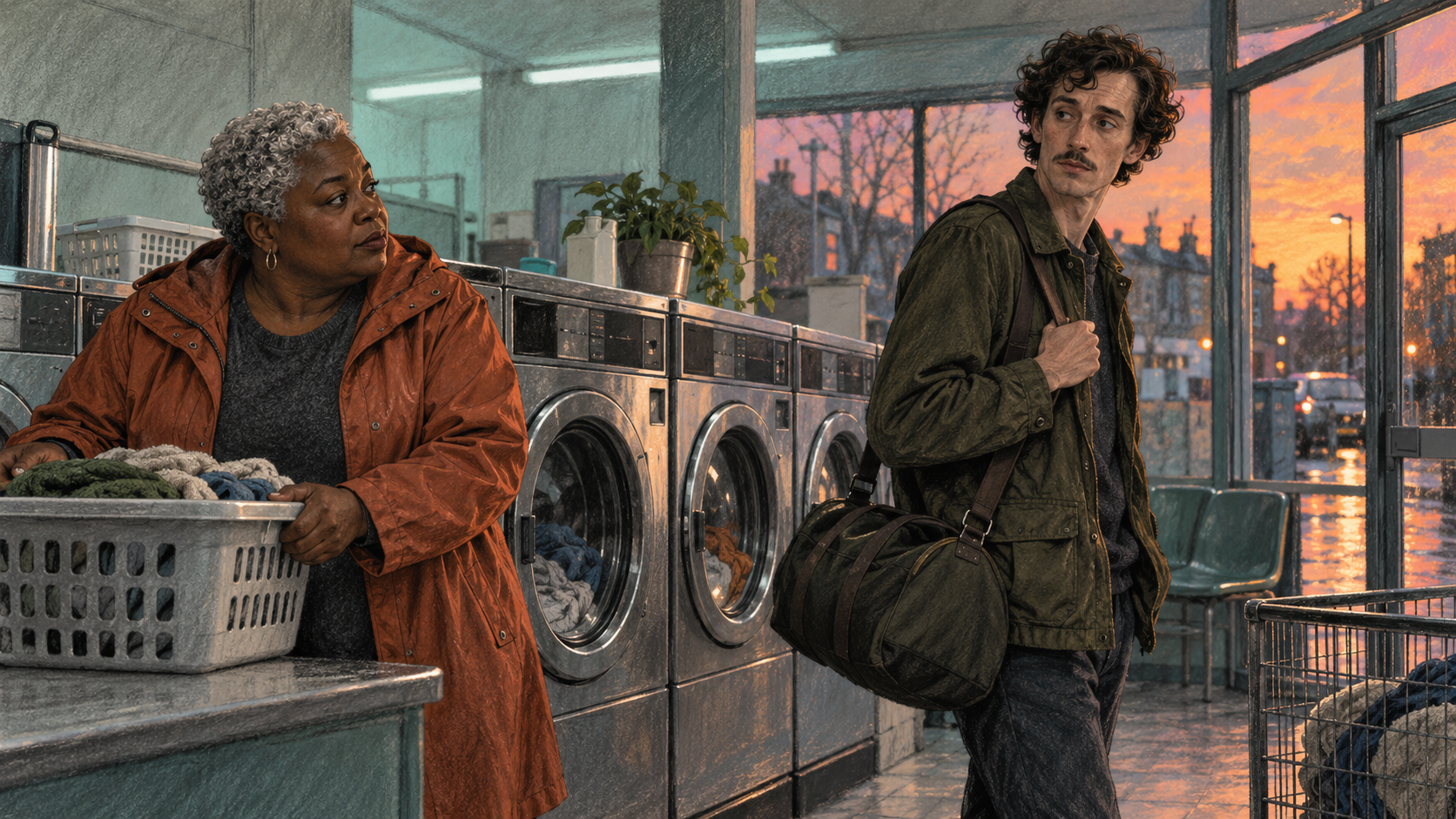 Two adults pause beside washing machines in a launderette at dusk, one holding laundry and the other carrying a duffel bag.
