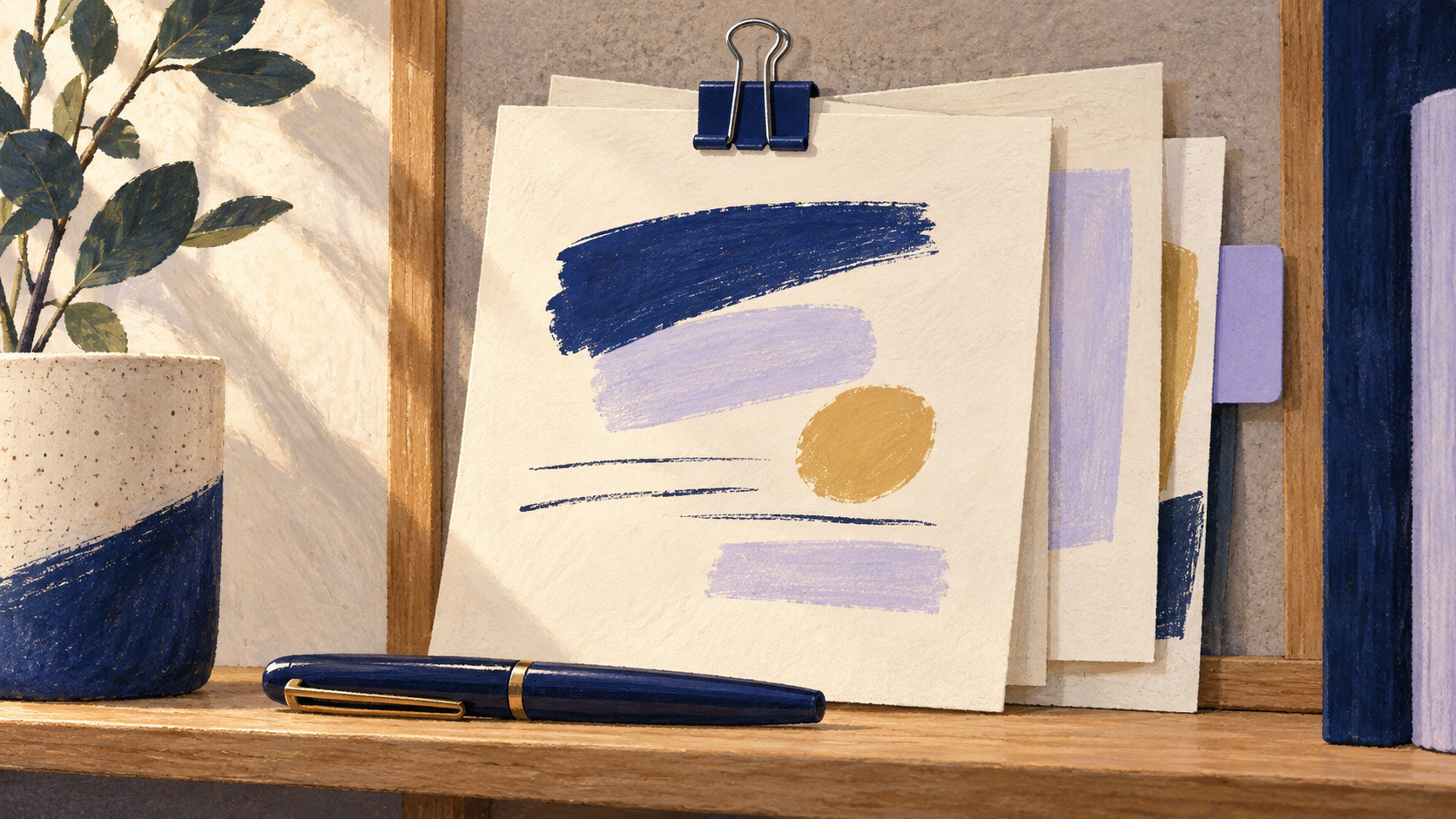 Illustration of cream report sheets held by a navy binder clip, with a lavender tab and capped pen.