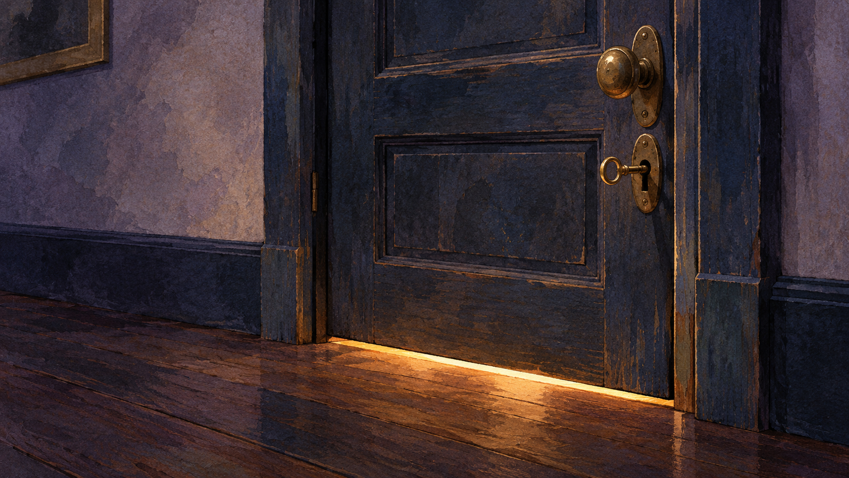 Illustration of a key in a door lock and a thin strip of warm light beneath the closed door.