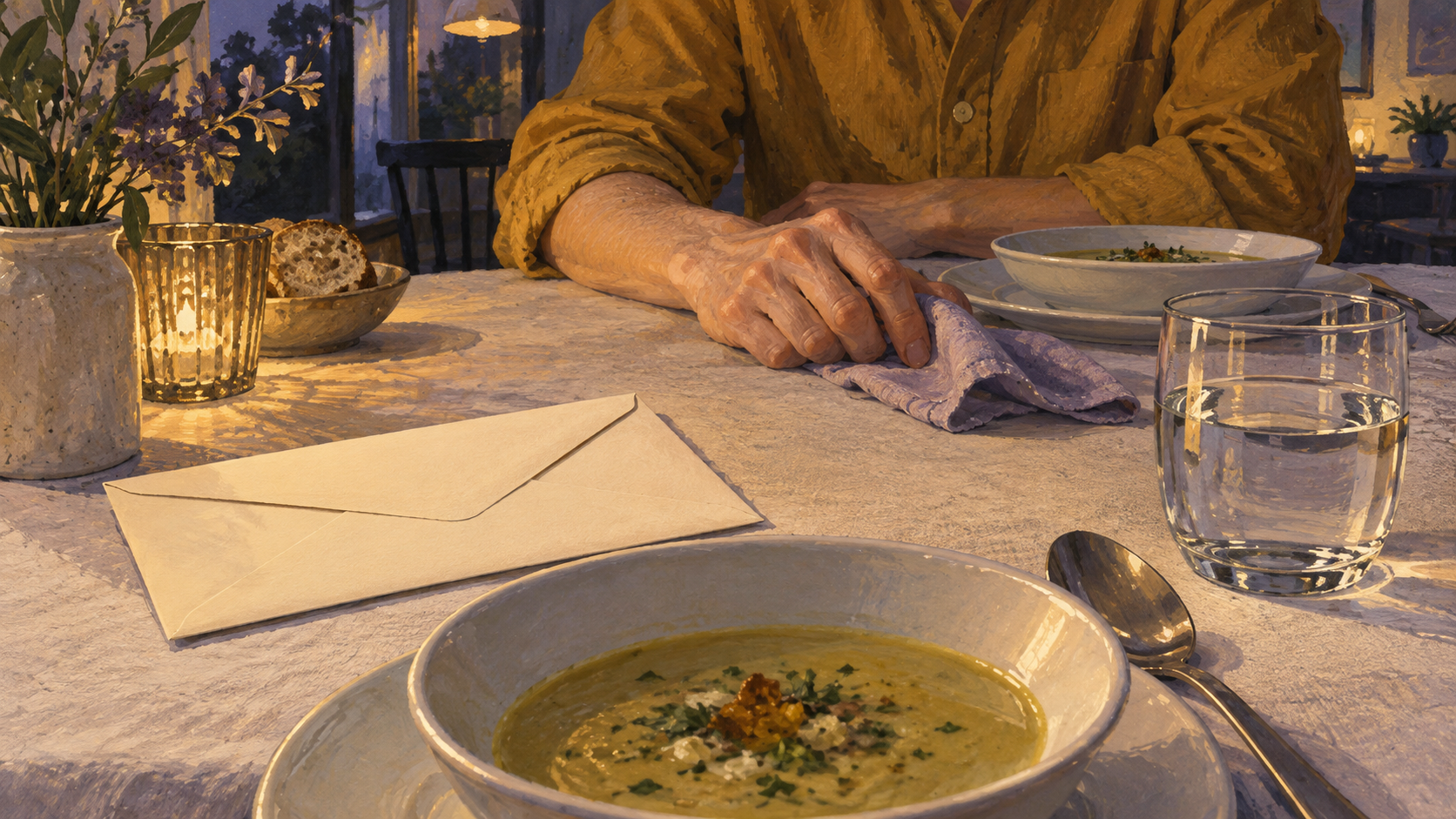 A closed cream envelope and soup bowl on a dinner table, with a diner's hands holding a napkin across the table.