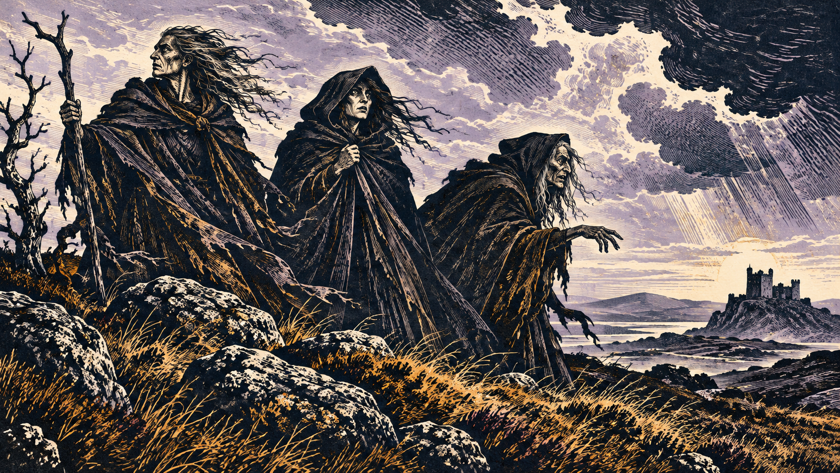 Woodcut illustration of three cloaked witches on a rocky heath beneath storm clouds, with a distant castle.