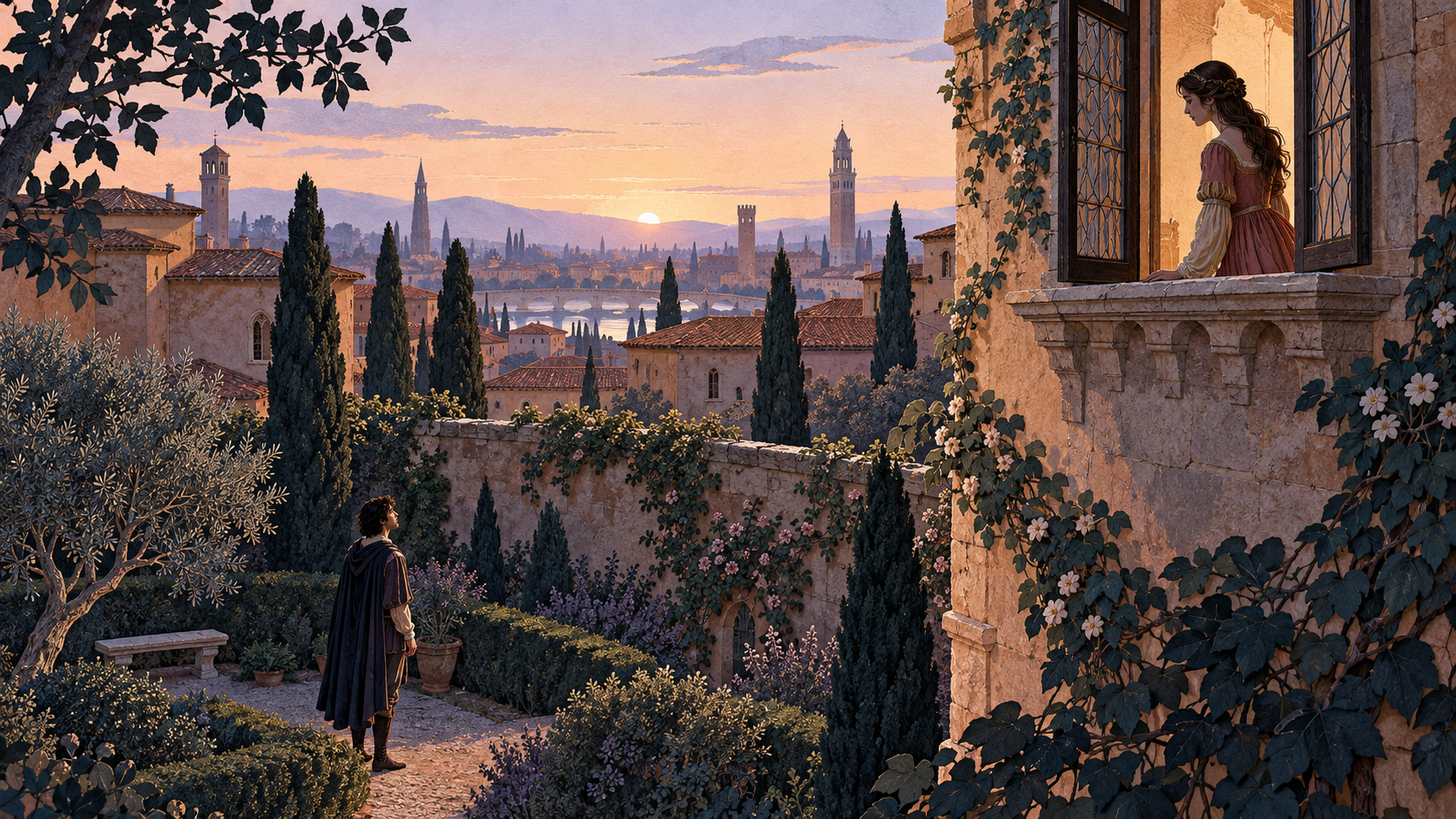 Juliet at an upper window and Romeo in a walled garden as pale dawn appears above Verona rooftops.