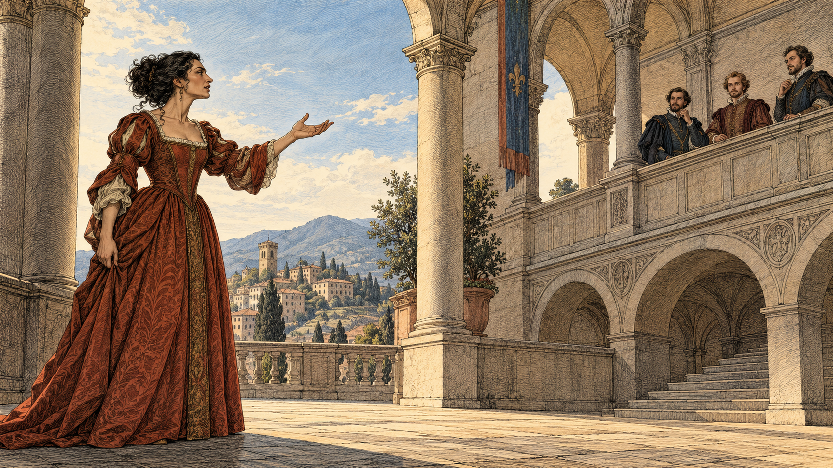 Etching-style illustration of Beatrice in a russet gown addressing three men on a raised stone arcade.
