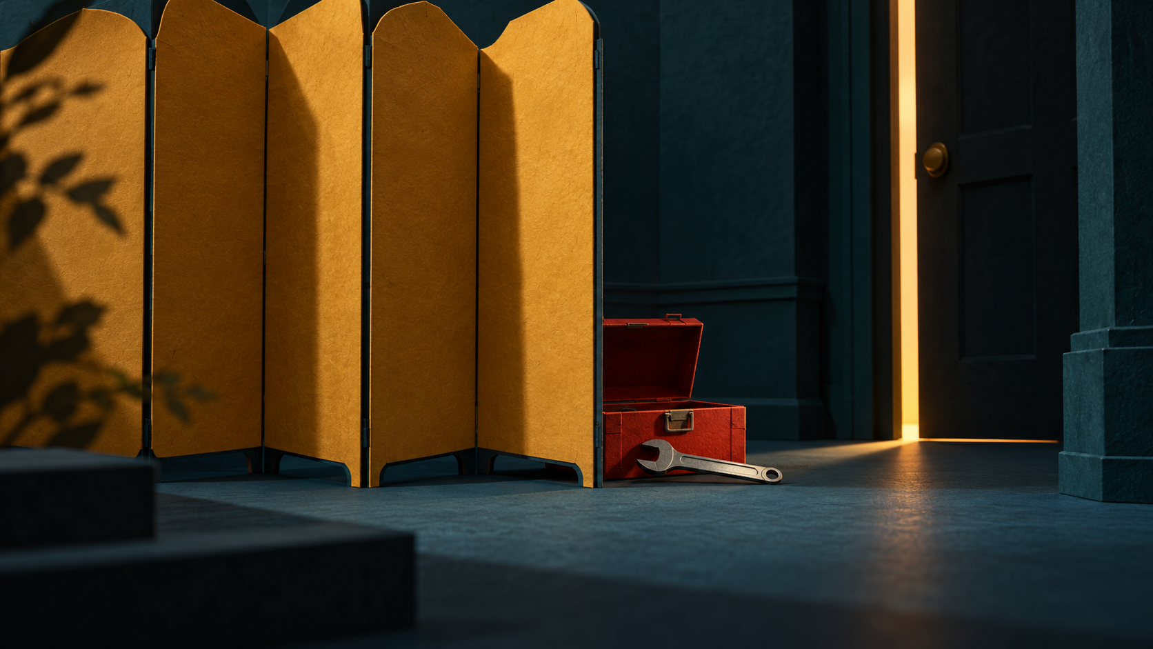 An ochre folding screen partly conceals a red toolbox and silver spanner beside a nearly closed door.