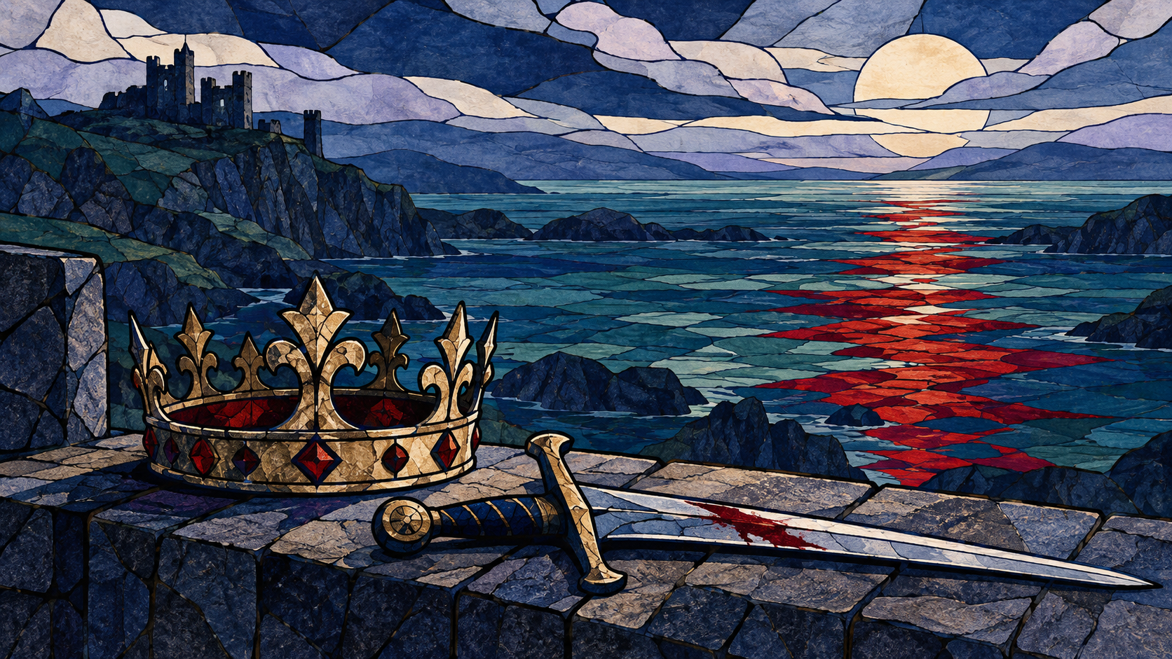 Stained-glass-style illustration of a crown and blood-marked sword on a stone ledge beside a blue sea with a crimson reflection.