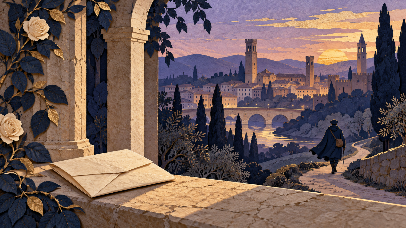 An unopened folded letter on a stone sill, with a distant cloaked messenger on a path towards Verona at dusk.