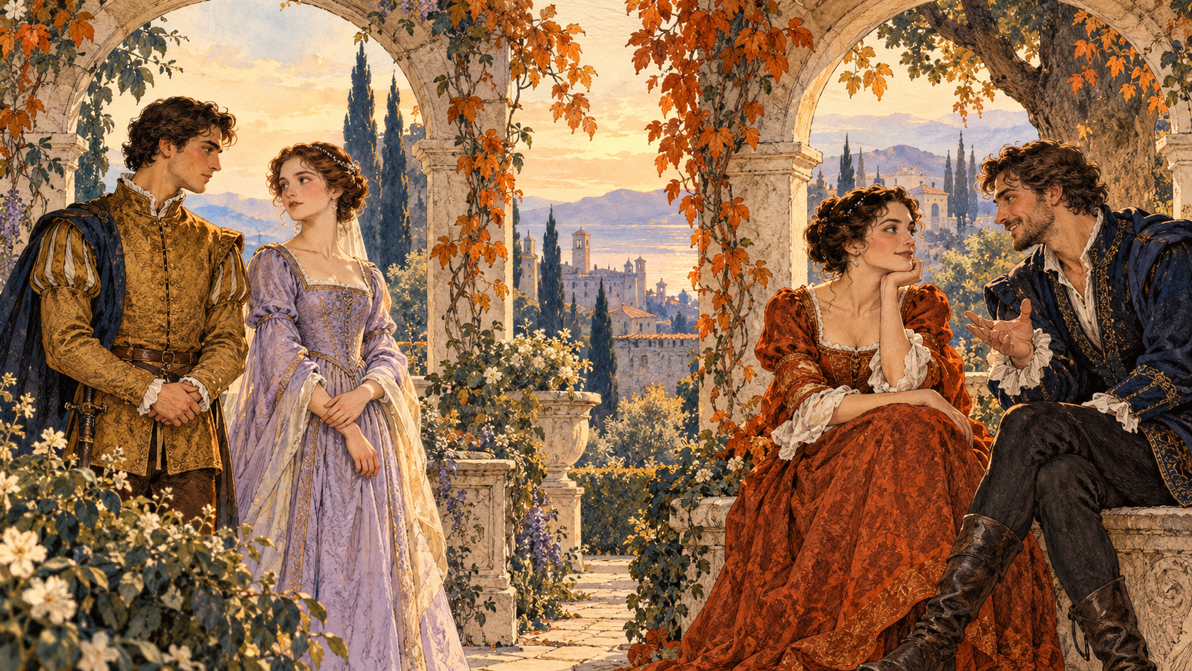 Claudio and Hero exchange a reserved glance while Beatrice and Benedick converse beneath two garden arches.
