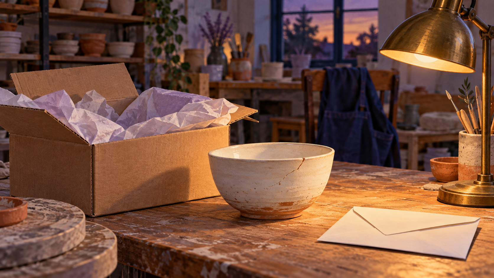 A cracked pale ceramic bowl beside a tissue-lined packing box, blank envelope and brass lamp in a pottery studio.