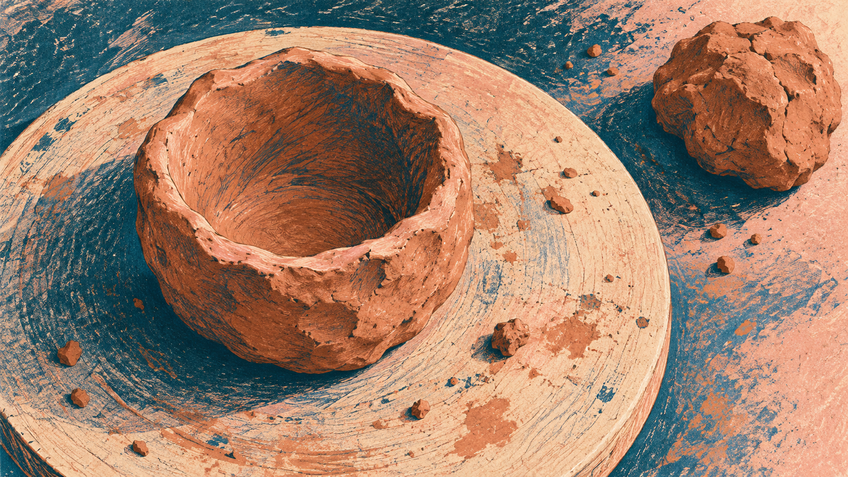 A small rough clay pot on a round pottery bat, with a separate lump of clay beside it.