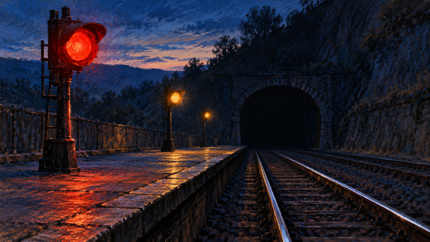 A red signal and two amber lamps light an empty railway platform beside tracks leading into a dark tunnel.
