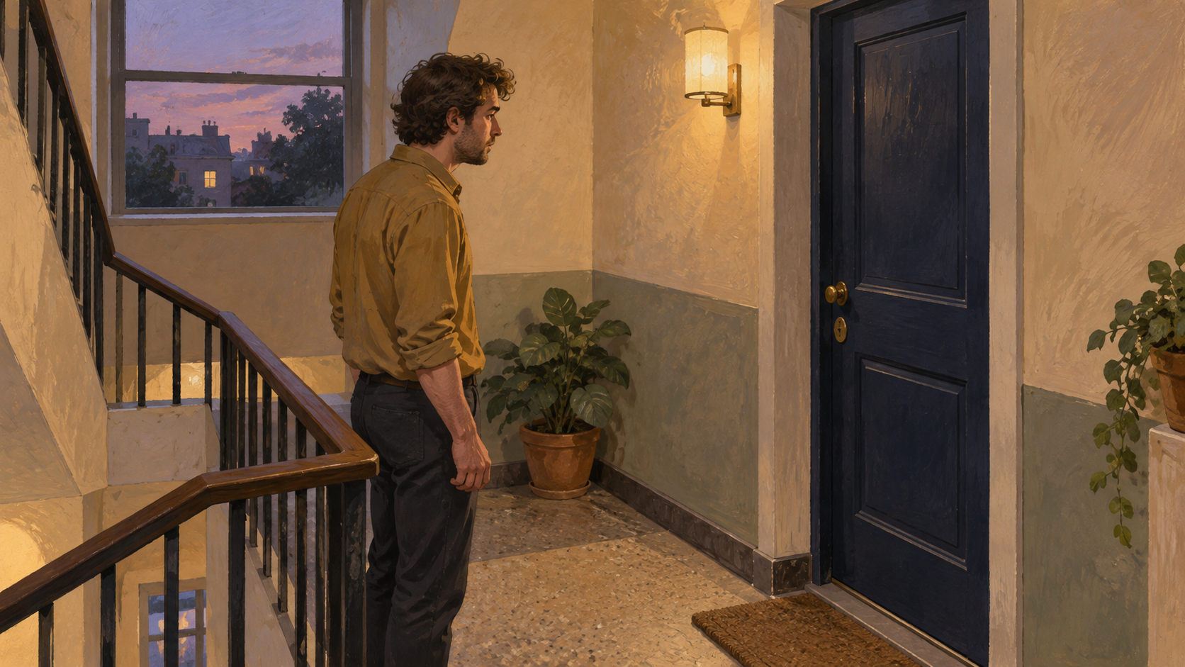 A man in an ochre shirt standing outside a closed flat door beside a softly lit stairwell window.