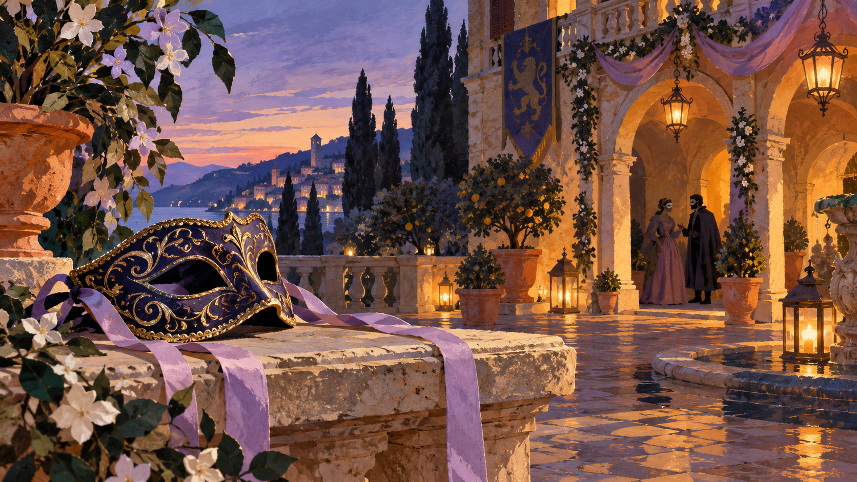 A navy and gold mask with lavender ribbons on a stone ledge in a lantern-lit courtyard, with masked figures under an arch.
