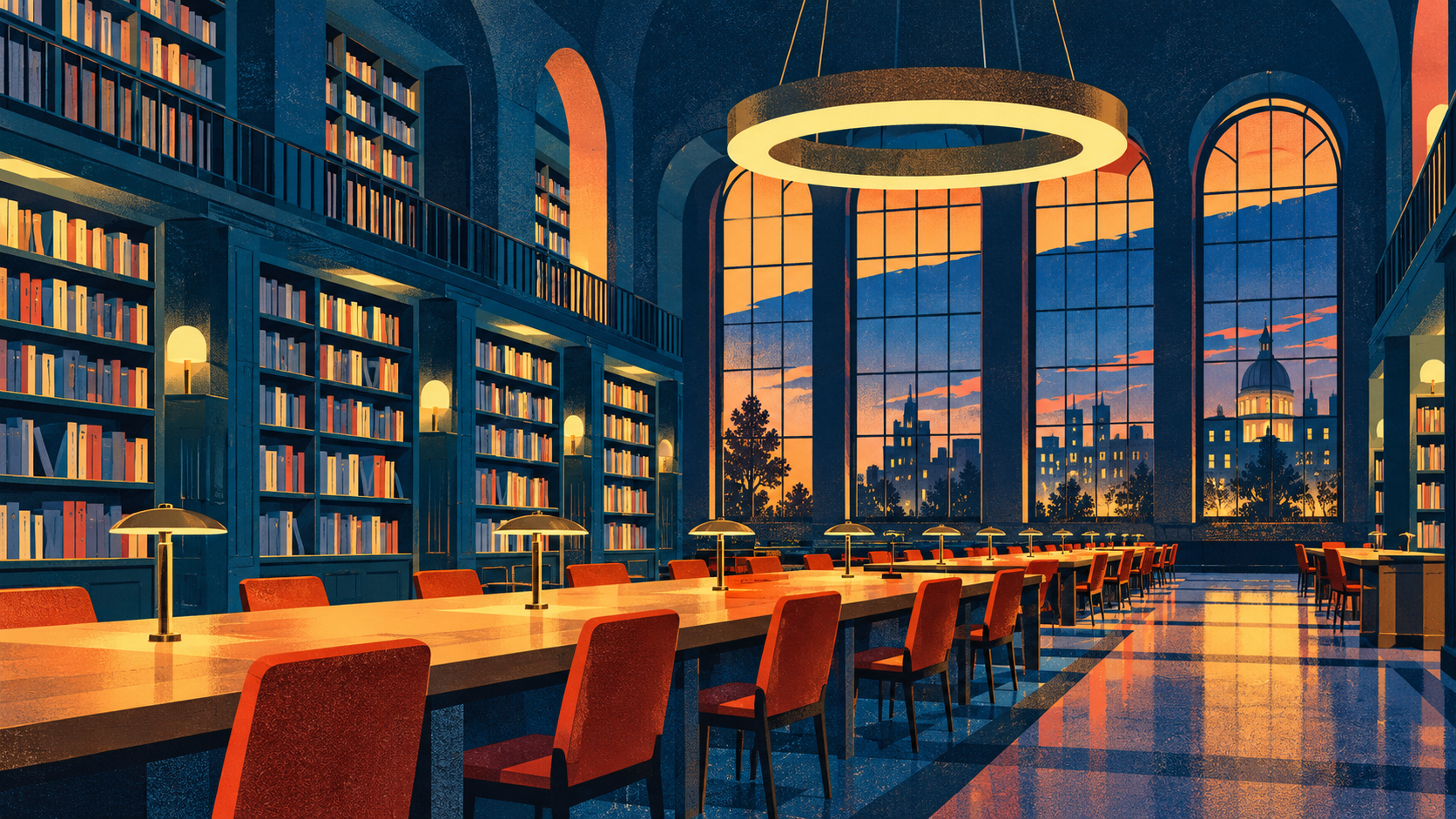 An empty illustrated library reading room with blue shelves, coral chairs and a circular light against tall evening windows.