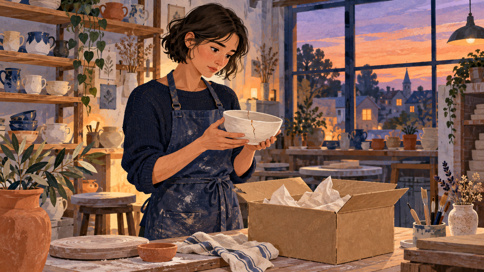 A young woman in a navy apron holding a cracked pale bowl beside an open packing box in a dusk-lit pottery studio.