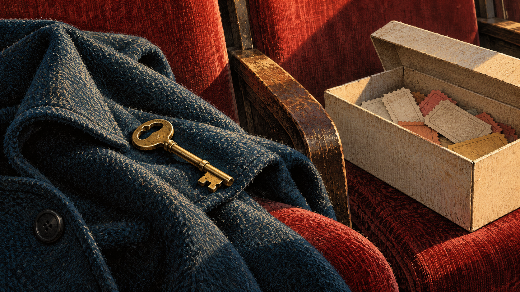 An old brass key rests on a blue coat beside an open box of faded tickets on red cinema seats.