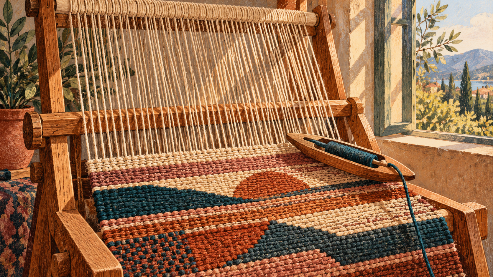 An unfinished terracotta and blue woven rug on a wooden loom beside a sunlit open window.
