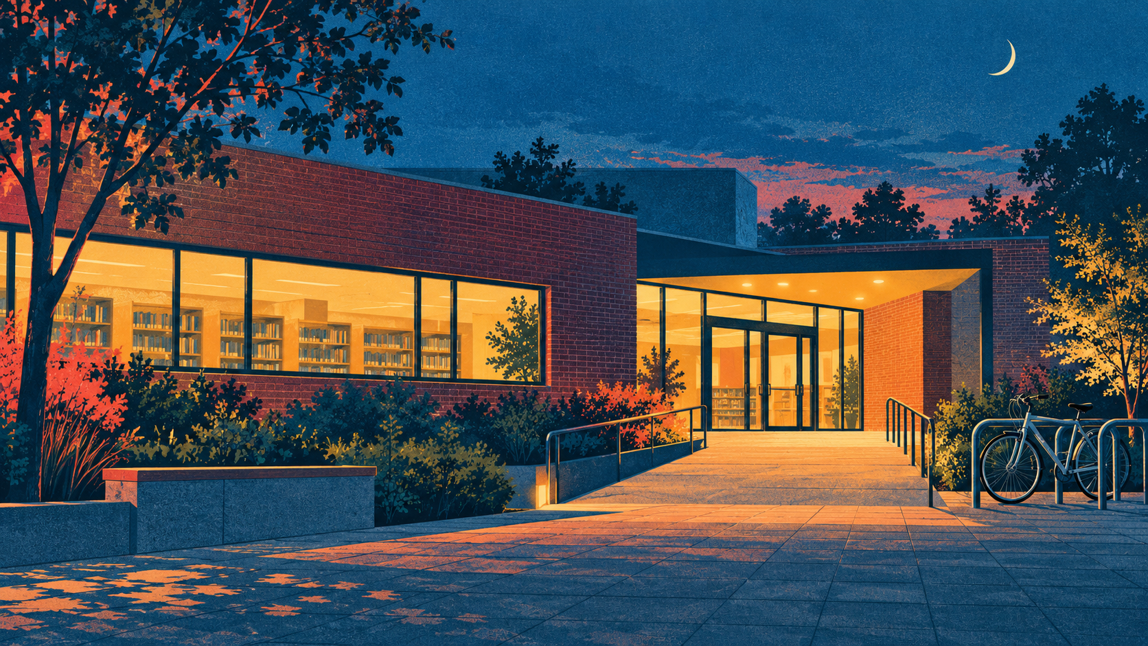 A geometric illustration of a small library with a warmly lit entrance, a sloping path and a bicycle at blue hour.