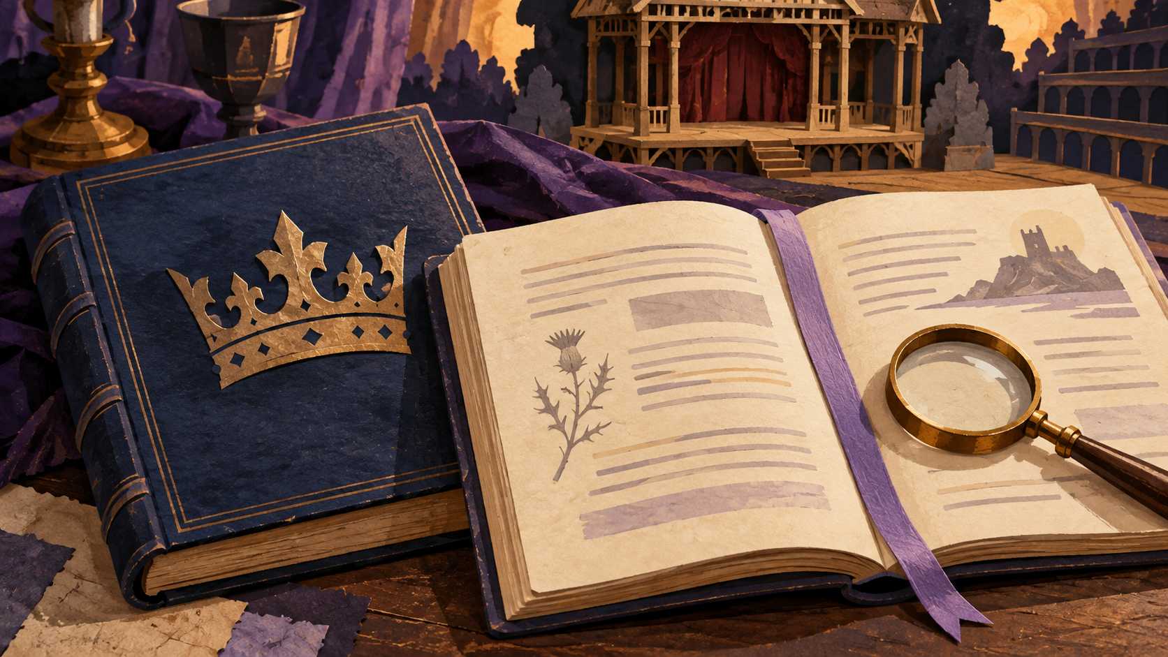 An open book with a lavender ribbon and magnifying glass beside a crown-decorated closed book and model theatre.