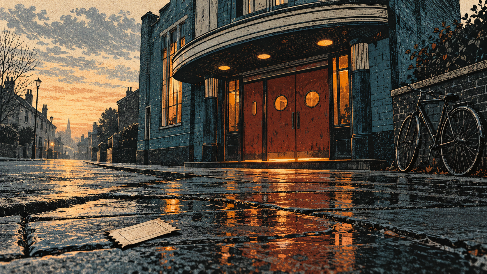 A closed old cinema with rust-red doors, warm light and a bicycle beside a wet village pavement.